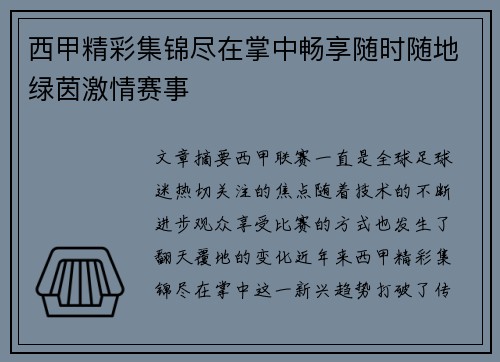 西甲精彩集锦尽在掌中畅享随时随地绿茵激情赛事