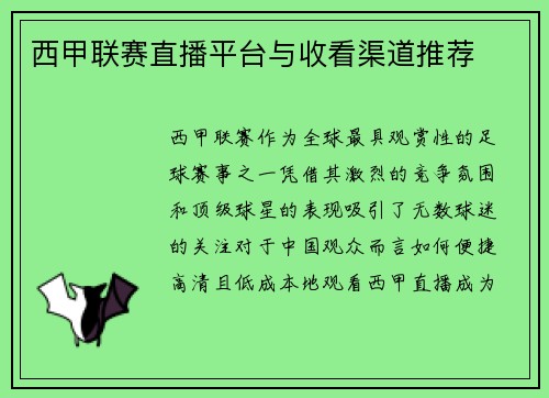 西甲联赛直播平台与收看渠道推荐
